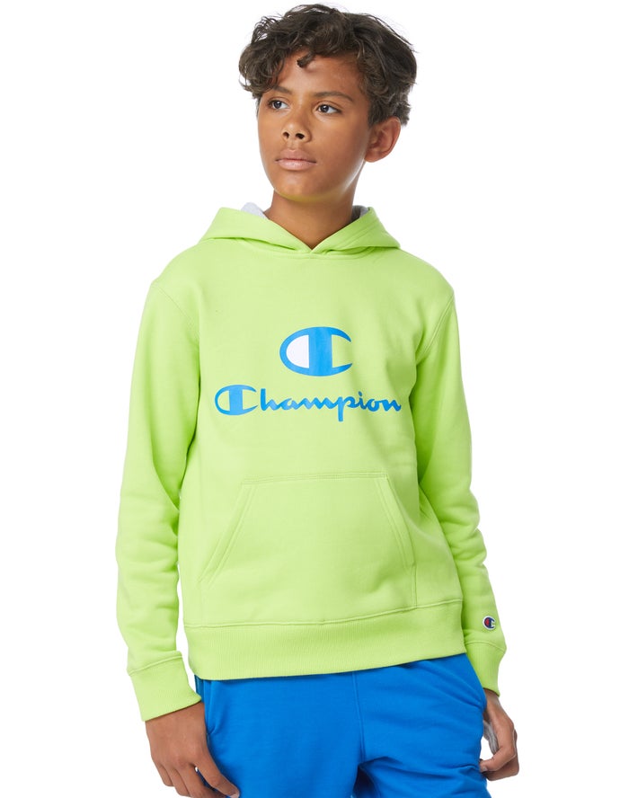 Champion Fleece C + Script Logos Erkek Çocuk Kapşonlu Sweatshirt Yeşil ( RVSEXW618 )